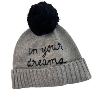 Kate Spade In Your Dreams Gray Black Pom-Pom Beanie Hat Knit Ribbed Cuff OS NEW